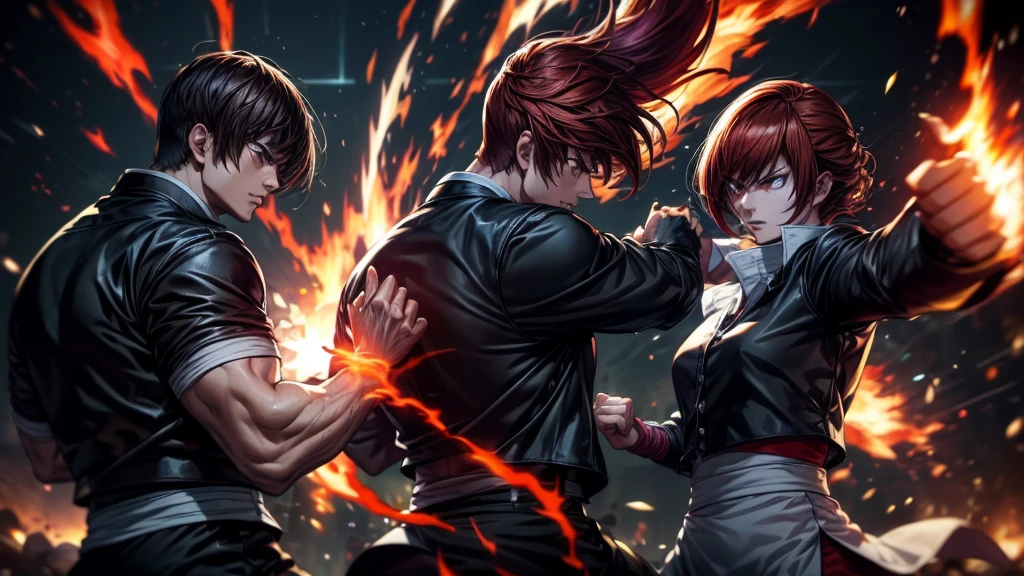 Two martial artists in a dramatic battle pose, surrounded by dynamic energy effects. The first fighter has short brown hair, wearing a black outfit with a glowing sun emblem, and is channeling fiery energy through his fists. The second fighter has red hair, wearing a black and white outfit, and is surrounded by dark, purple flames. Both characters are engaged in an intense fight, their energy clashing in the center of the scene. The background is dark, emphasizing the glowing energy and the intensity of the battle.