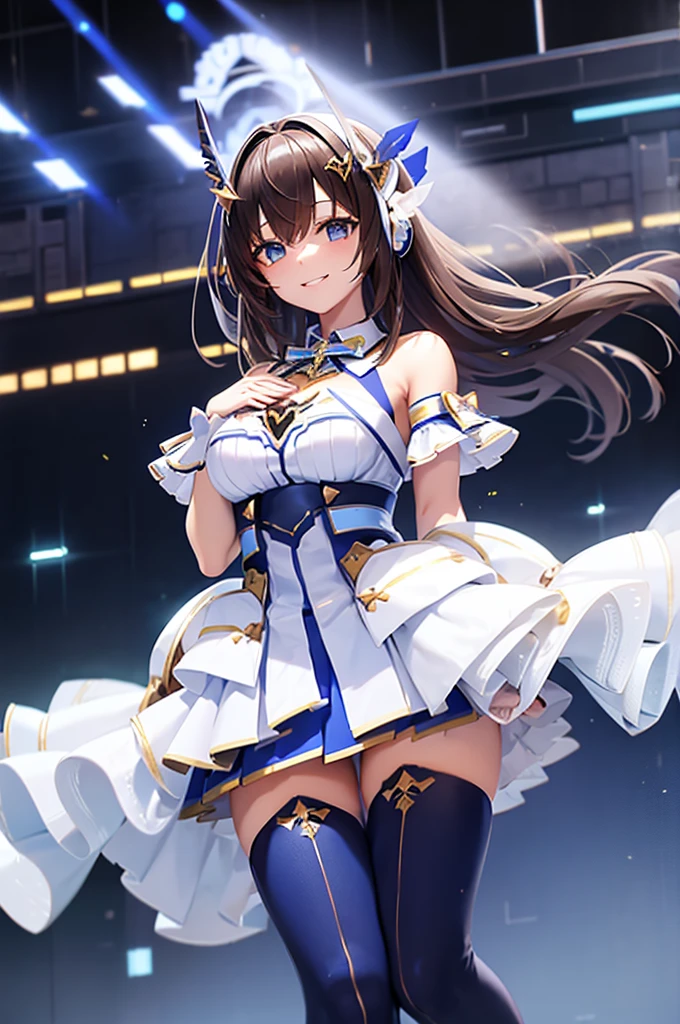 mecha wings、White and blue skirt、Thighs、tights、chest、Black Hair、1 girl、solo girl、IS、Frame Arms Girl、Alice Gere Aegis、Blue Armor、income、headphone、hand on own chest、smile、idol woman、idol dress