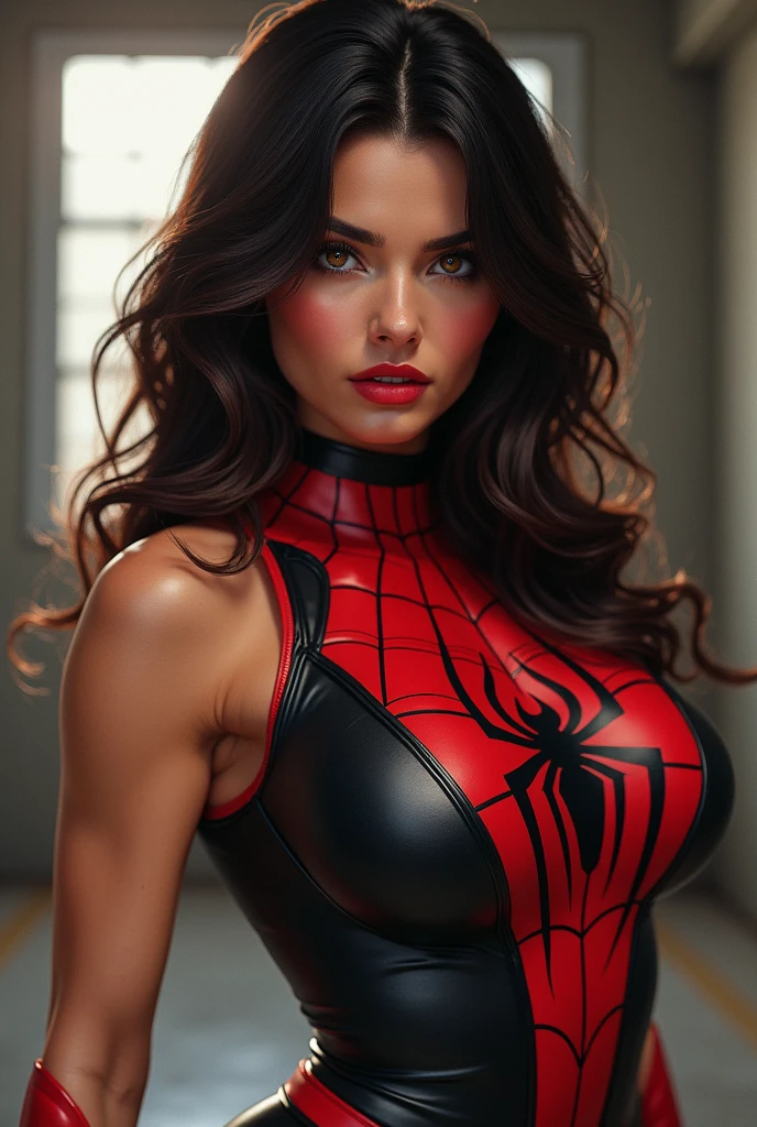 A girl wearing a Spider-Man costume, extremely detailed, highly realistic, cinematic lighting, dramatic colors, muted tones, moody atmosphere, ghostly spider webs, dark and eerie atmosphere, detailed facial features, beautiful eyes, sharp focus, HDR, photo-realistic, concept art