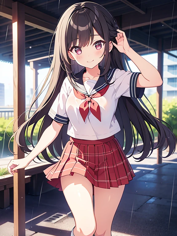 Girl, cute, adorable, smiling, straight hair, long hair, black hair, school uniform, short sleeve, cleavage, red plaid pattern pleated mini skirt, white loose socks, long socks, looking at the camera, from thighs to head, standing, rain