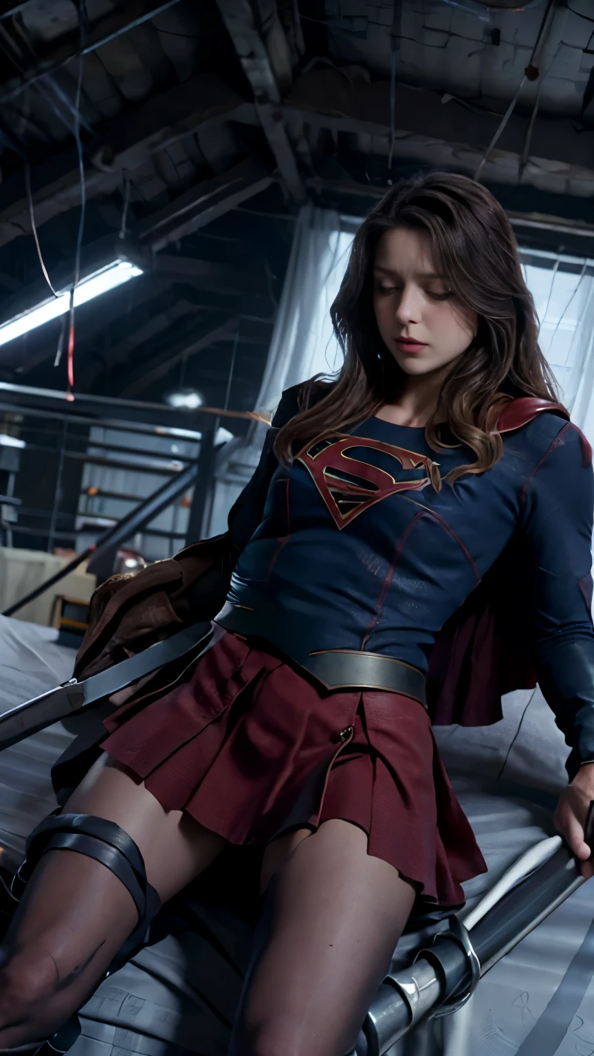 supergirl, (((laying down on a metal bed in the laboratory))), ((sleeping)), ((unconscious)), eyes close, she is wearing red skirt, (skirt is tattered:1.2), (tatter skirt:1.6), open her legs, can see blue panties, pantyhose, boots, Melissa Benoist, beautiful face, hyper detailed face, hyper realistic, shot from below, ((whole body visible:1.5)), full body shot, laying crucifixion on the bed, crucified, arms are bounded by tentacles, bound by tentacles, torn costume:1.5