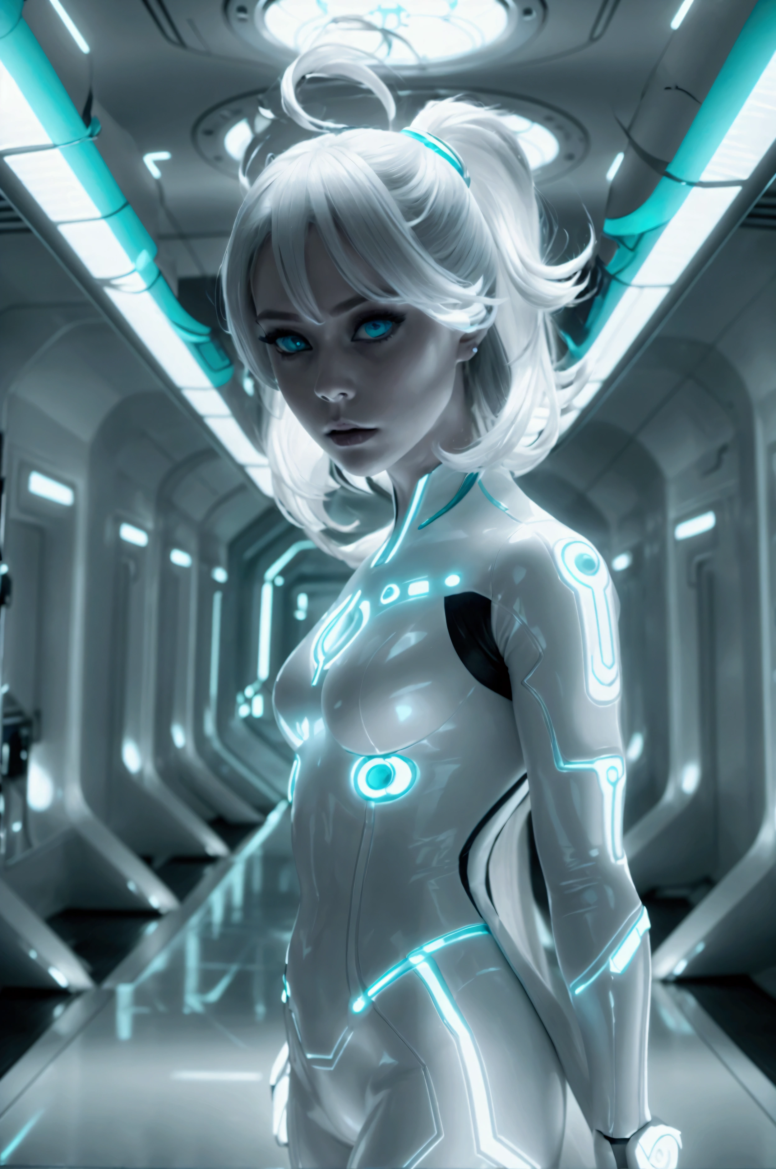 Inside the pure white space station、The entire space is white and inorganic, but it is peppered with turquoise and whiter fluorescent colors.、Silence、25th century、The most beautiful girl with silver bob hair、The area around the eyes is also white and shiny.、Turquoise Eyes、Expressionless, well-formed face、She is wearing a tight white latex bodysuit with turquoise fluorescent lights.、Cyber girl wrapped in glowing life support machine、The Chosen Cyber Girl、One side of the girl&#39;s face and head are lit by bright turquoise fluorescent tubes. white high heel long boots、Fluorescent tubes are strung all the way down to the toes, shining brightly.、Walking down the aisle