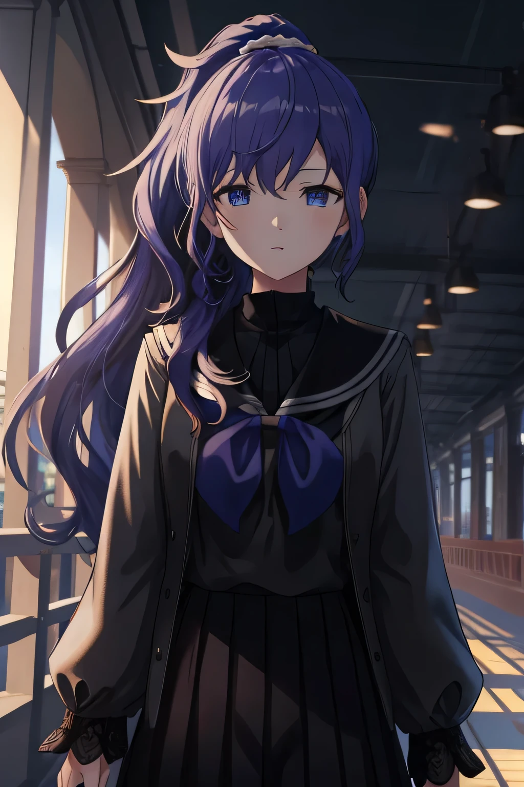 (8k, HD, best quality, intricate details, dark colors, masterpiece: 1.2) 1girl, solo, long hair, shiny hair, purple hair, blue eyes, ponytail, scrunchie, high ponytail, asahina mafuyu, project sekai, shadowed face, expressionless, downcast shadowed face, dull eyes, sailor uniform, {{raised right hand}}