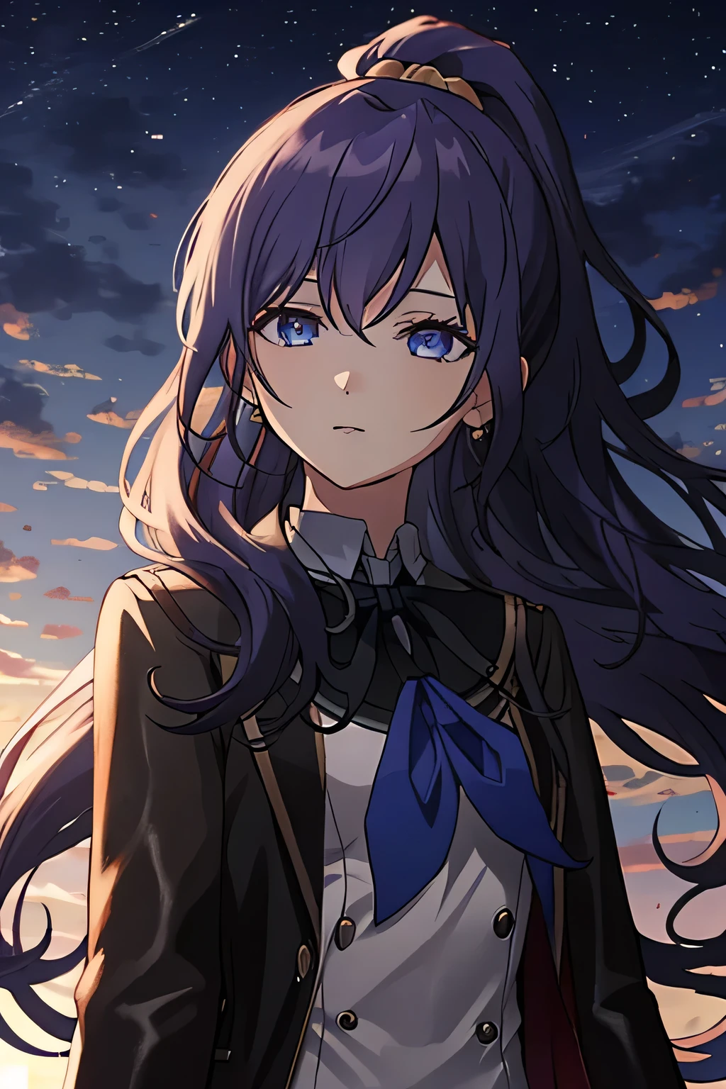 (8k, HD, best quality, intricate details, dark colors, masterpiece: 1.2) 1girl, solo, long hair, shiny hair, purple hair, blue eyes, ponytail, scrunchie, high ponytail, asahina mafuyu, project sekai, shadowed face, expressionless, downcast shadowed face, dull eyes, sailor uniform, {{raised right hand}}