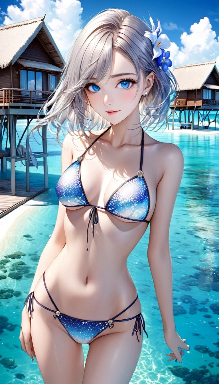 1girl, beautiful girl, cute girl and idol face, young face, smile, white skin, short hair, bob cut hair, silver hair, antenna hair, shiny hair, shiny skin green eyes, beautiful eyes, medium breasts, White micro bikini, see-through, Under the sea