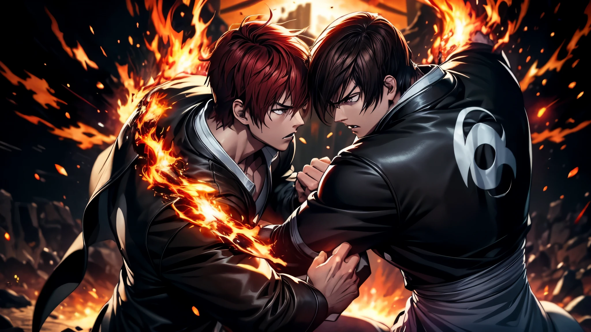 Two martial artists in a dramatic battle pose, surrounded by dynamic energy effects. The first fighter has short brown hair, wearing a black outfit with a glowing sun emblem, and is channeling fiery energy through his fists. The second fighter has red hair, wearing a black and white outfit, and is surrounded by dark, purple flames. Both characters are engaged in an intense fight, their energy clashing in the center of the scene. The background is dark, emphasizing the glowing energy and the intensity of the battle.