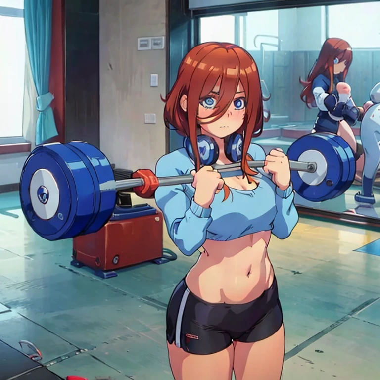 A cute girl full body, backwards, with blue eyes, with headphones, with fitted sportswear, lifting weights in a gym with his reflection in the mirror in the background 