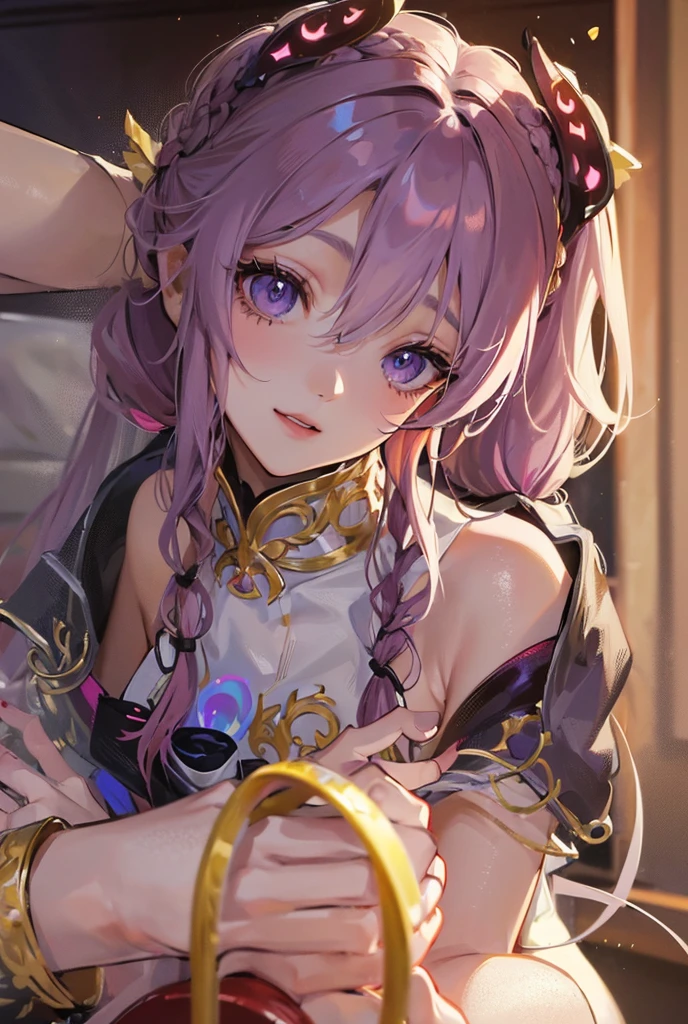 ((masterpiece)), ((Best quality)), (high resolution), (illustration), (an extremely delicate and beautiful), (ultra detailed beautiful face and eyes), nsfw,   1girl, leaning forward,  YukineChris, long hair, purple eyes, twintails, low twintails, ahoge, large breasts,volumetric lightning, 
detailed skin texture, detailed, volumetric shadow, anime screencap,Highest quality, Sorceress, ancient babylonian nobility, ((tan skin:1.2)), (brown skin color),Long hair, twin braids, hair ornament, wine colored hair, smile, Below average size breasts, bare shoulders, Leg spread、Groin、Yukine Chris、Wet condition
nude、Wet_shirt,Wet _underwear、tear_underwear
8K, masterpiece, Best_quality, high_resolution, ultra_details, detailed, 1girl, 独奏, looking_at_viewer, upper_body, braid, bangs, white_hair, hair_ribbon, hair_between_eyes, 
sidelocks,depth_of_field,light_particles,、french_braid, sharp focus, perfect hands, perfect face, perfect eyes, perfect light, dynamic light, natural light, Masterpiece, Best quality, 
