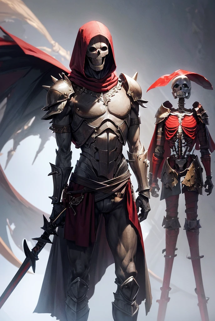 A dead representative,The face is half skeleton,Half is sheep face,Dressed in heavy armor,Muscles are strong,Wearing the Grim Reaper cloak,The feet are sheep's hooves,The background is hell,One man only。