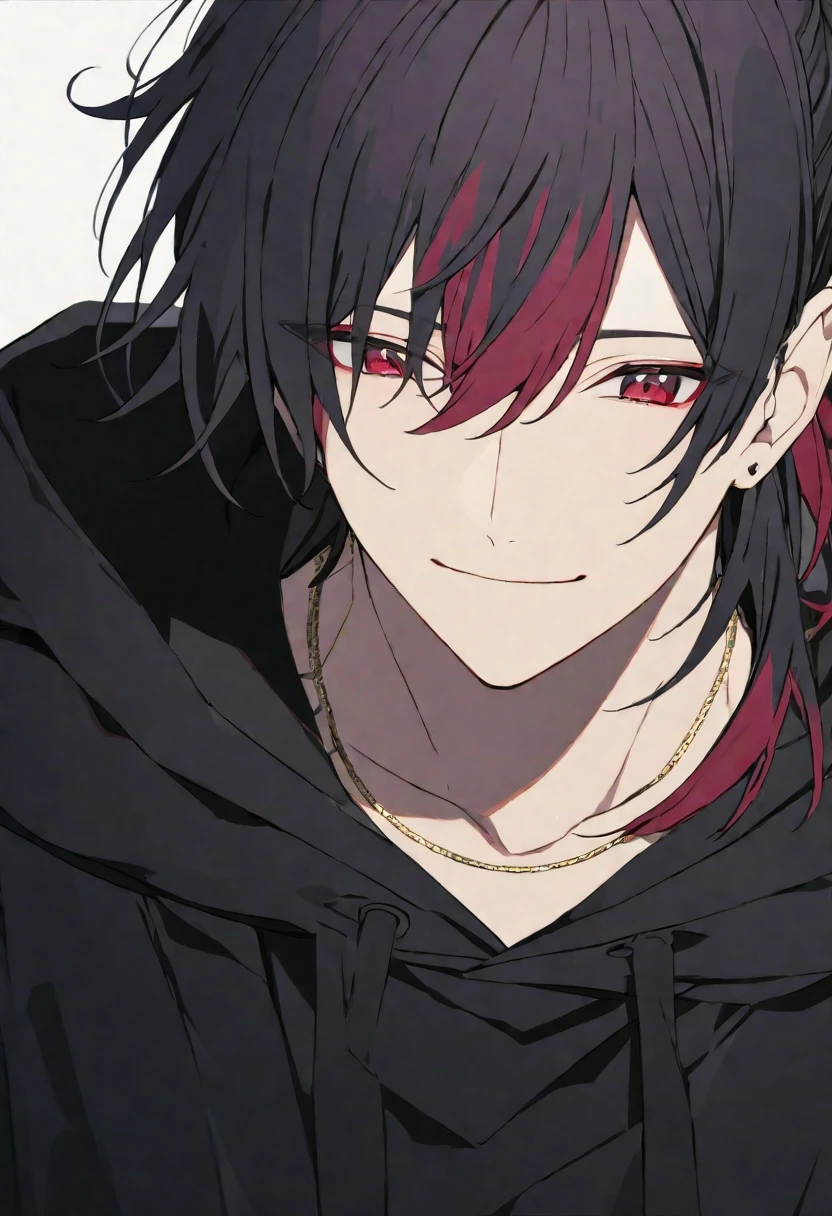 alone,good looking, Monotony,good looking,
1. male,
bangs,Straight hair,Bob Hair, ponytail,
Black Hair, Red hair inner hair,
Satoru Gojo,A decent face,
Red eyes,Soft impression,
beautiful,sexy,darkness,Gold Necklace,
Oversized black hoodie ,smile,
Pure white background ,High resolution,front,Face close-up