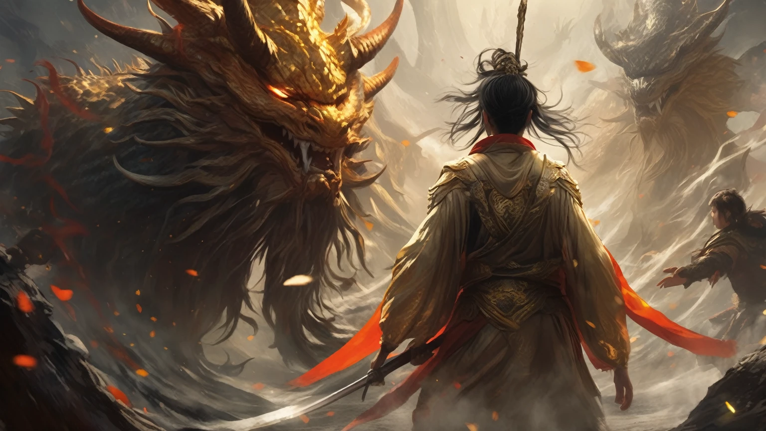 A lone warrior in elaborate golden armor and flowing robes stands firm, Face two terrifying horned dragons amid swirling mist and embers. Strong lighting on the left casts dramatic shadows, Creates a tense and otherworldly atmosphere. Warrior&#39;s Length, The hair tied at the back sways slightly, The dragon&#39;s shining eyes penetrate the mist, Highlighting moments of confrontation.