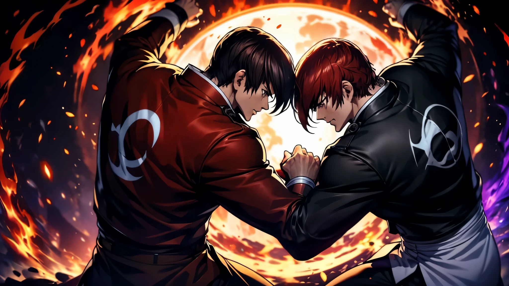 Two martial artists in a dramatic battle pose, surrounded by dynamic energy effects. The first fighter has short brown hair, wearing a black outfit with a glowing sun emblem, and is channeling fiery energy through his fists. The second fighter has red hair, wearing a black and white outfit, and is surrounded by dark, purple flames. Both characters are engaged in an intense fight, their energy clashing in the center of the scene. The background is dark, emphasizing the glowing energy and the intensity of the battle.