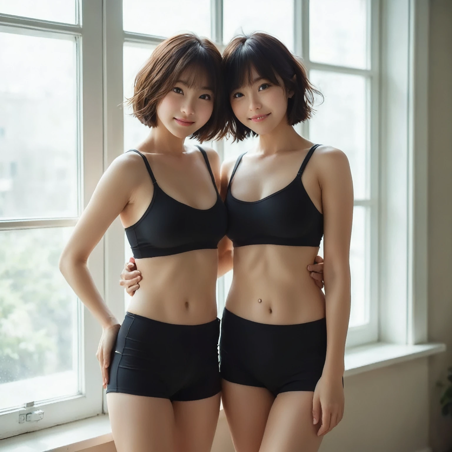 japanese girl, posing with having hair with one hand in front of the simple white wall, (wearing a black sports bra and simple cotton shorts:2),(photoshoot style, shooting from front, upper knee statue, body facing forward), 2, (toned body type:1.2, tall height 5.35 feet), (small breast :1.2, hemispherical udder silhouette:1.2), little smiling, perorbital swelling, brown fluffy and wavy short-cut hair, natural bangs, detailed brown eyes, detailed finger, suppin, no make, (photorealsitic:1.4), (high-resolution details of human skin texture:1.2, rough skin:1.2, Uneven skin tone:1.6, skin texture must be natural:1.1), top-quality, ​masterpiece, high resolution, raw photo, natural soft light, professional lighting