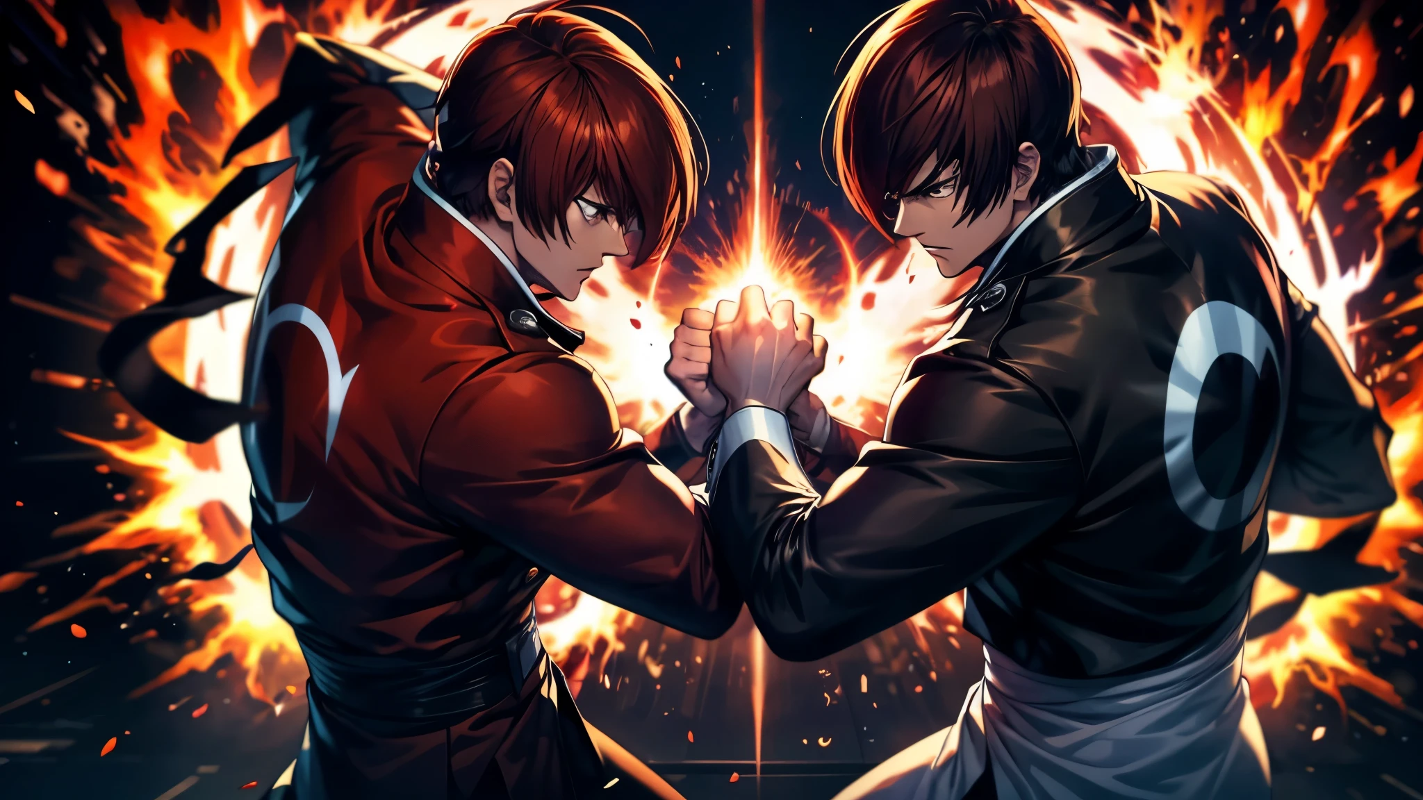 Two martial artists in a dramatic battle pose, surrounded by dynamic energy effects. The first fighter has short brown hair, wearing a black outfit with a glowing sun emblem, and is channeling fiery energy through his fists. The second fighter has red hair, wearing a black and white outfit, and is surrounded by dark, purple flames. Both characters are engaged in an intense fight, their energy clashing in the center of the scene. The background is colorido , emphasizing the glowing energy and the intensity of the battle.