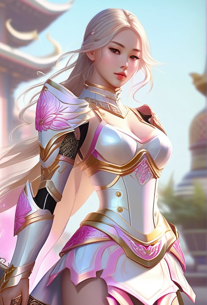 Sexy woman in white gold and pink lotus lace armor skirt, artstation의 chengwei 팬, by 양J, detailed fantasy art, cool character art, The best art station for fan art, Epic exquisite character art, beautiful armor, very detailed artgerm, Detailed digital animation art, artstation pixiv의 artgerm, armor girl, big bust:1.2, (mini skirt:1,5)