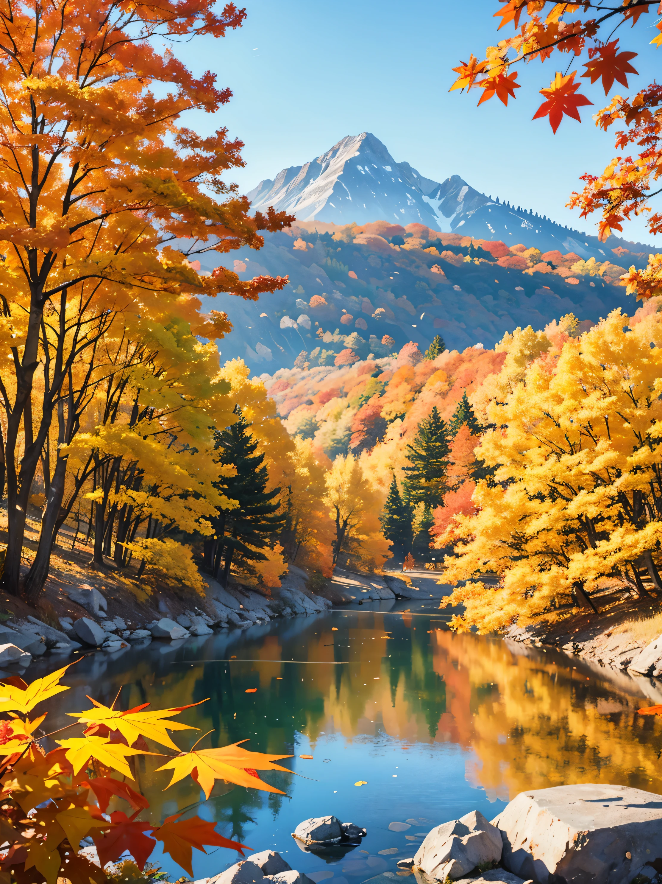 A painting of a mountain with a river and trees in the foreground ...