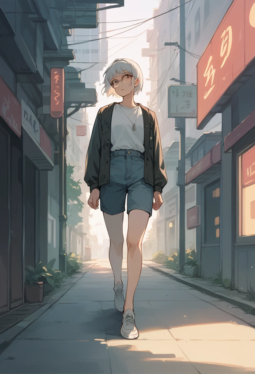 neon, beautiful anime girl, short hair, White hair, glasses, walking, sitting