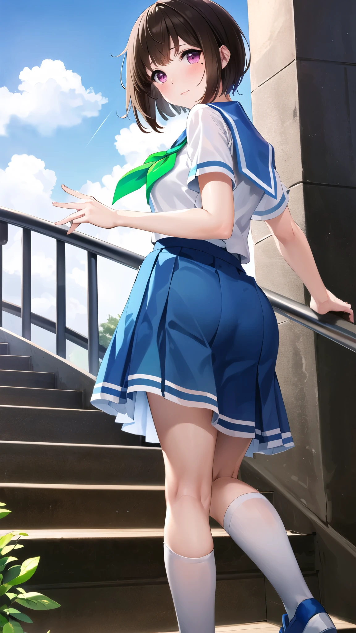 masterpiece, Highest quality, High resolution, One person, alone, Brown Hair, short hair, Purple eyes, Mole under the eye, , White shirt, Blue sailor collar, Green neckerchief,  Short sleeve, Blue Skirt, look back、Fluttering skirt、Climbing the stairs、A fluttering skirt、Angle from below、blush