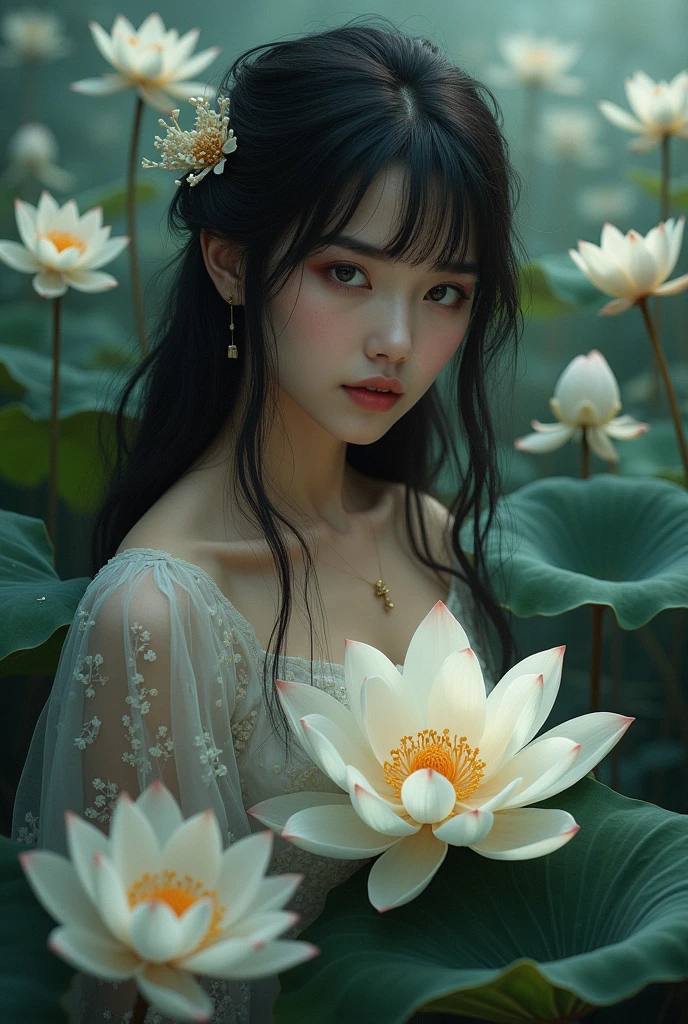 "A premium high-resolution photograph showcasing a graceful woman in a lotus pose, surrounded by giant, pale pink lotus flowers that seem to float in a dreamy mist. The colors are soft and ethereal, with an emphasis on pale pinks, whites, and pastels. The lighting is soft and diffused, creating a sense of peace and tranquility. The photograph has a mysterious and enigmatic mood and feeling, focusing on inner peace and serenity. The woman's face shows tranquility, and her eyes are closed, reflecting inner calmness. The photograph should be rich in detail, with exquisite lotus petals, mist, and lighting, highlighting composition with the woman placed in the center of the image, creating balance and a relaxing, peaceful feeling for the viewer."