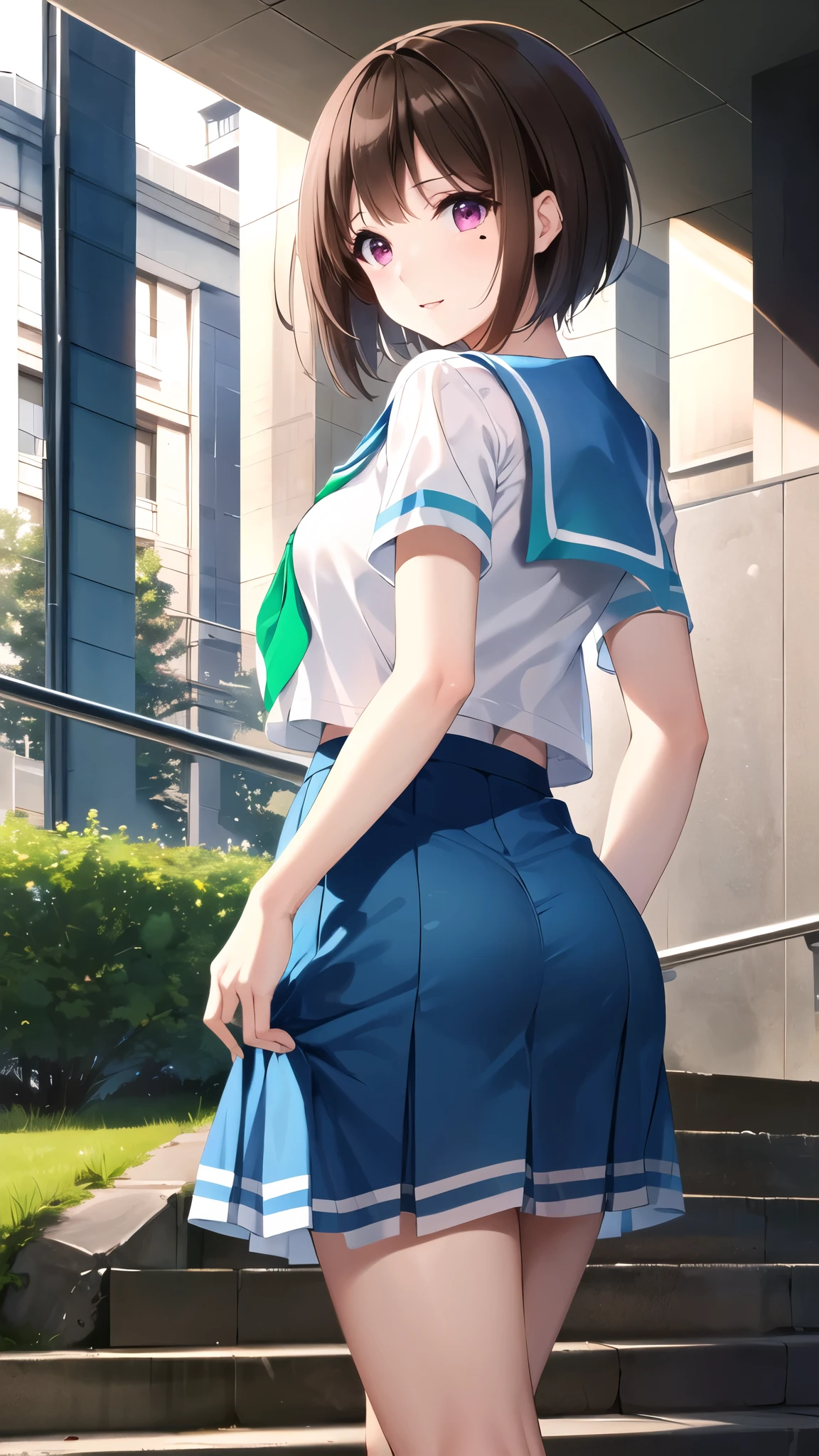 masterpiece, Highest quality, High resolution, One person, alone, Brown Hair, short hair, Purple eyes, Mole under the eye, , White shirt, Blue sailor collar, Green neckerchief,  Short sleeve, Blue Skirt, look back、Fluttering skirt、Climbing the stairs、