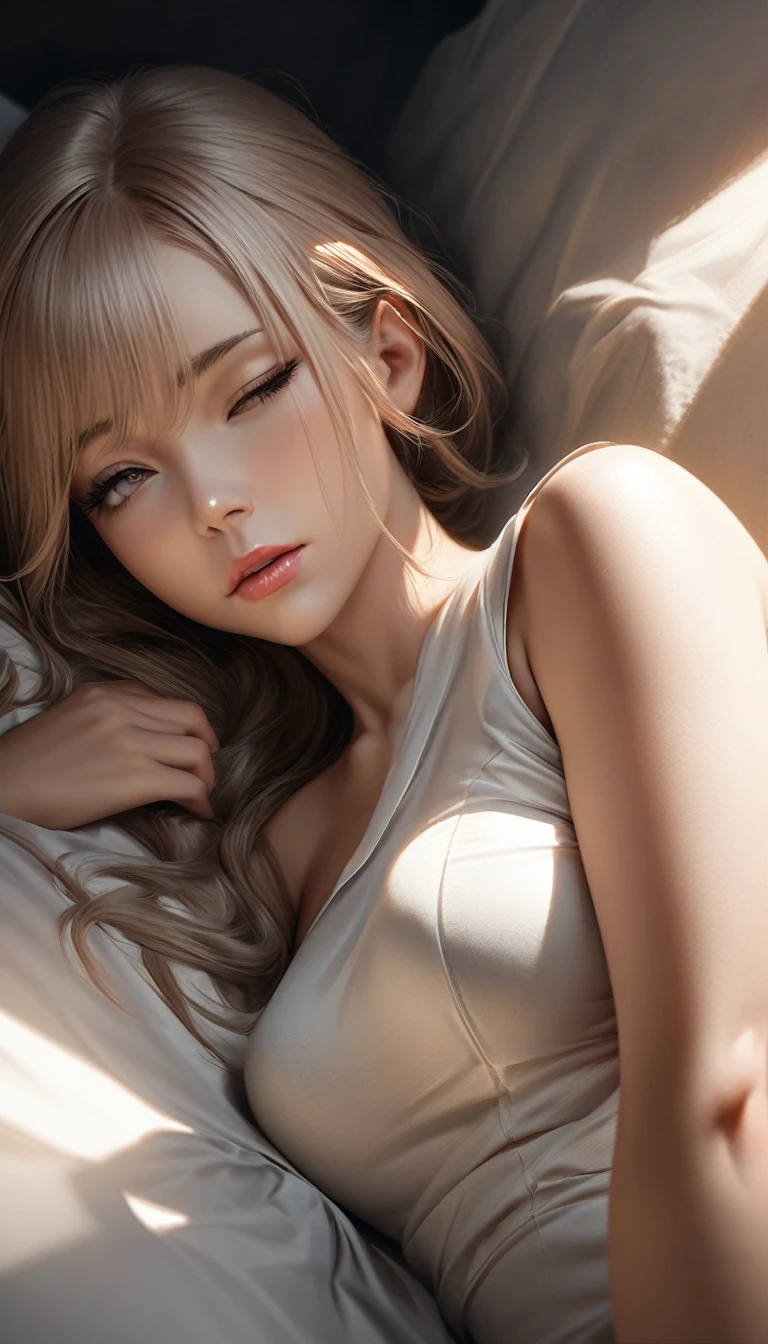 a girl lying on bed, sleeping, eyes closed, beautiful detailed eyes, beautiful detailed lips, extremely detailed face and skin, long eyelashes, detailed skin texture, soft lighting, warm color tones, cinematic composition, chiaroscuro lighting, dramatic lighting, photorealistic, (best quality,8k,highres,masterpiece:1.2),ultra-detailed,(realistic,photorealistic,photo-realistic:1.37)