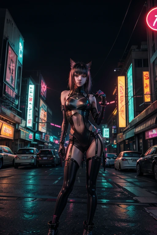 Anime girl with long hair and cat ears in a city., digital cyberpunk anime art, cyberpunk anime girl mech, female cyberpunk anime girl, cyberpunk anime girl, anime ciberpunk, linda chica cyborg, digital cyberpunk - anime art, cyberpunk anime art, cyberpunk oppai, 4K anime style, Perfectly