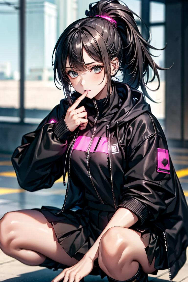 She is wearing a black jacket and a black skirt for the photo., Fluffy ponytail,Put on your boots,Wear a jacket, cyber future jacket, Bright Cyberpunk Glow, Egirl, and , Cyberpunk Anime in hoodie, wearing Cyberpunk Streetwear, Cyberpunk Anime, Cyberpunk Streetwear,Photos of women in techwear,Cyberpunk Style,Extreme Taggart