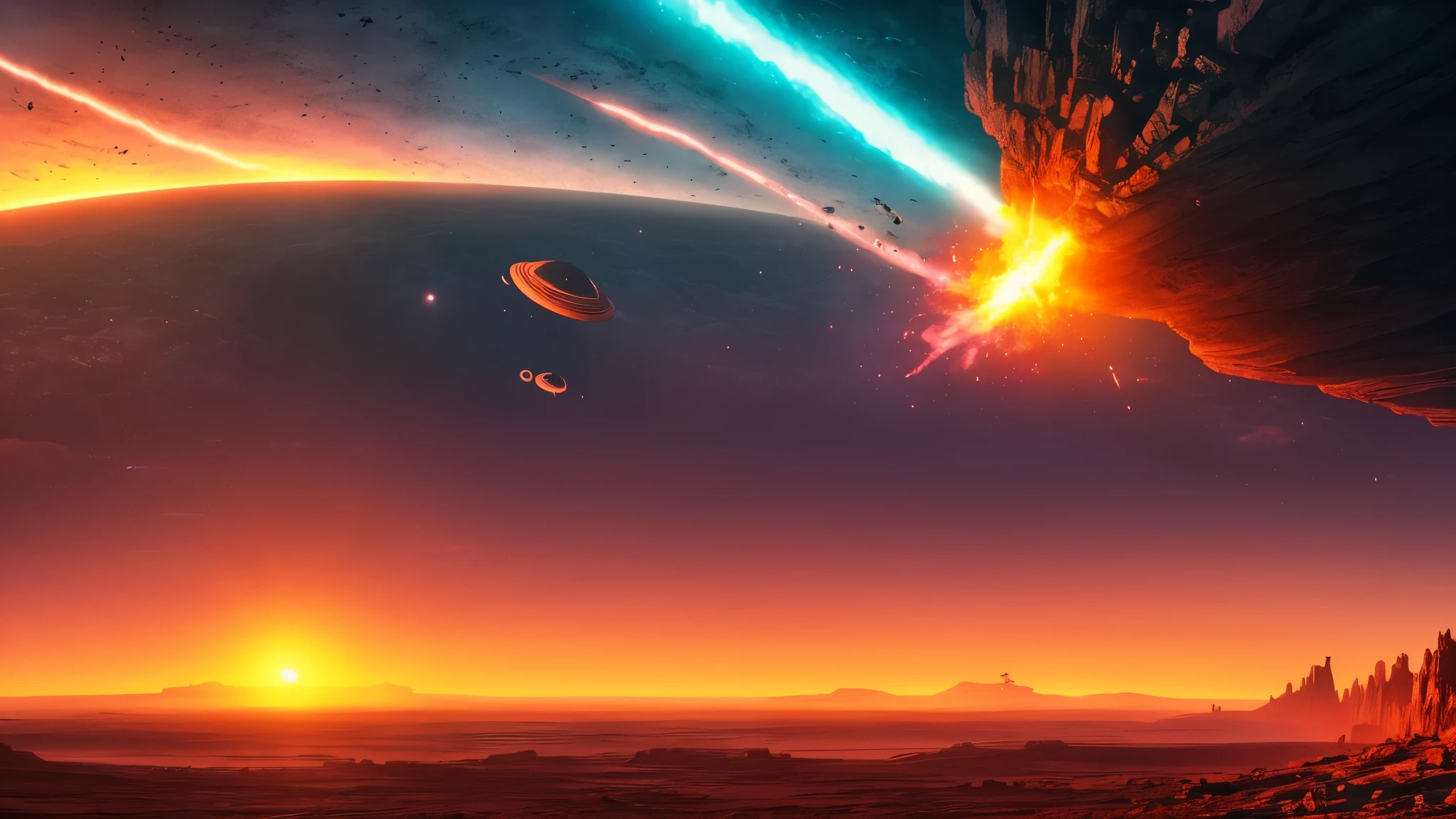 a giant falling UFO crashing into a rocky martian landscape, massive explosions and lights neon, dramatic sci-fi scene, cinematic lighting, hyper detailed, 8k, photorealistic, dramatic, epic, moody, dark, dramatic sky, volumetric lighting, dynamic, not used yellow or orange of collors
