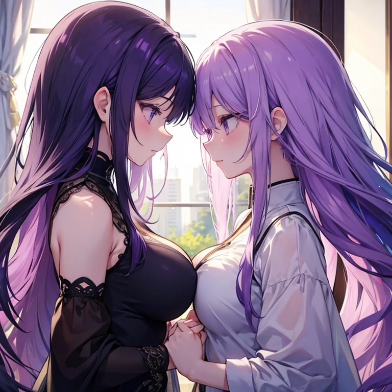 2girl, 1girl sitting on 2girl lap, knee up, 1girl long pink hair, 2 girl black hair, 1girl big tits, 2girl with bra , the 2nd girl hand holds the 1st girl’s waist, the 1st girl was a bit more standing than sitting, just one chair, looked each other