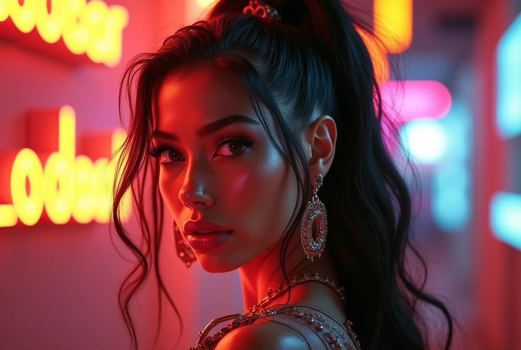 (Best Quality,4k,8k,High resolution,masterpiece:1.2),ultra detailed,(realist,photorealist,fotorrealista:1.37),1 girl,hip-hop style suit,High ponytail,incredibly long hair,cowgirl pose,looking at the viewer,Leaning forward,by Santiago Caruso,by Mike Azevedo,detailed eyes,detailed lips,extremely detailed face,long eyelashes,dynamic pose,striking,vibrant colors,warm lighting.