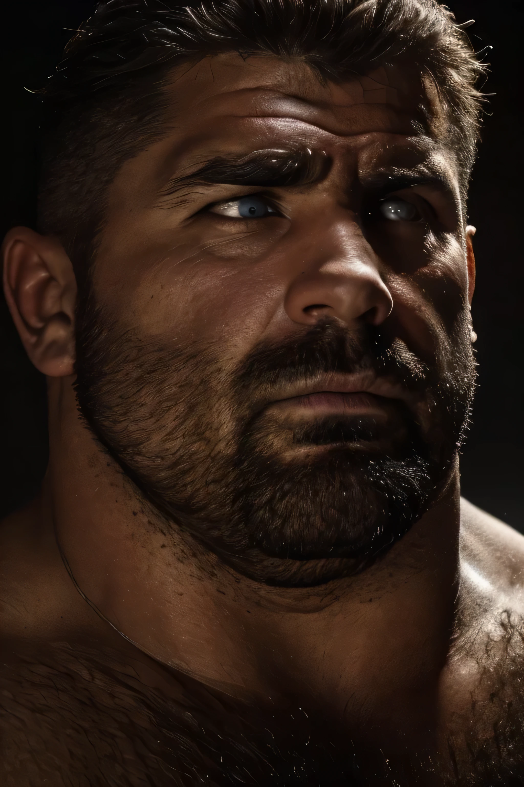 Photorealistic closeup portrait photo of a Daddy Hairy Bearded Bear Big Beefy Bear Body Big muscle Bear Bald Jamaican man Bald Bearded Muscle Bear wearing black wrestling singlet, wrestling ring, 48 years old, very short thick chubby neck, face, 8k uhd, high quality, film grain, Farm, Summer and hot, Realistic real Arms details, Sexy Poses, 8K Resolution very Realistic real Hands details, 8K Resolution very Realistic real Fingers details, 8K Resolution very realistic real lips details and 8K Resolution very realistic real mouth details and 8K Resolution Realistic real Body details, Realitic real Men's Clothes Details, 8K Resolution very Realistic real Arms, 8K Resolution very realistic Legs, 8K Resolution very realistic real Finger and 8K Resolution very realistic real Body Movements, 8K Resolution very realistic real hand movements, 8K Resolution very realistic real leg movements, 8K Resolution very realistic real finger movements, 8K Resolution very realistically real detailed neck lines, 8K resolution very realistic real eyes, 8K Resolution very realistically real detailed eyes, 8K resolution very realistic real , 8K resolution very realistically real detailed , 8K resolution very realistic real muscle bear, 8K resolution very realistic real pecs ,8K resolution very realistically detailed skin, 8K resolution very realistic neck lines, No Merged Arms, Muscle Bear Photoshoot, Very Photorealistic