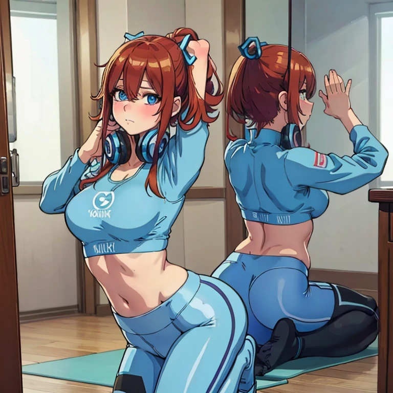 high quality image, No blur, (Miku Nakano) A cute girl full body, with blue eyes, with headphones, with tight sportswear, practicing yoga, stretching the body, and in the background its reflection in the mirror 