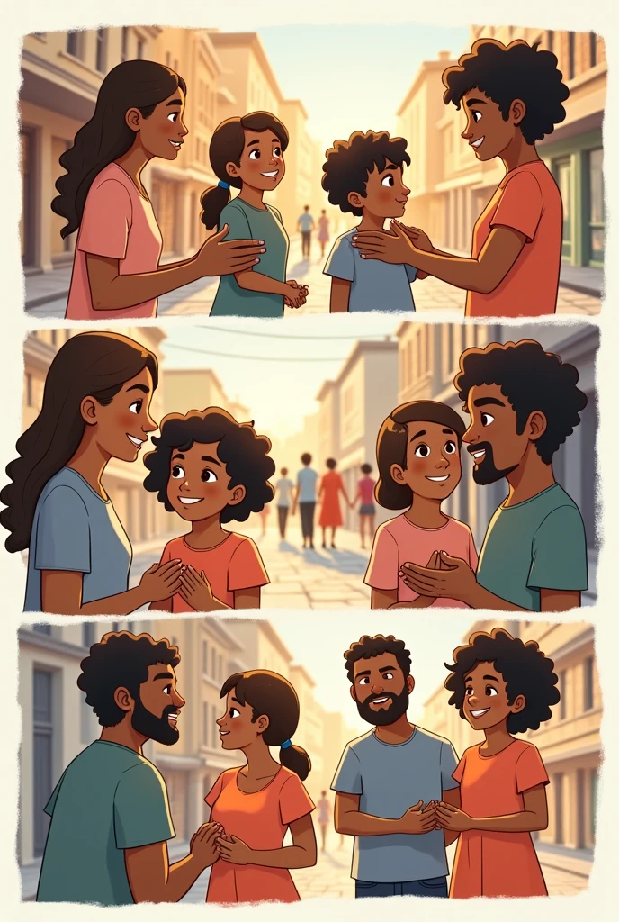 Cartoon illustration with parents fighting with their son and another with the same parents comforting their son