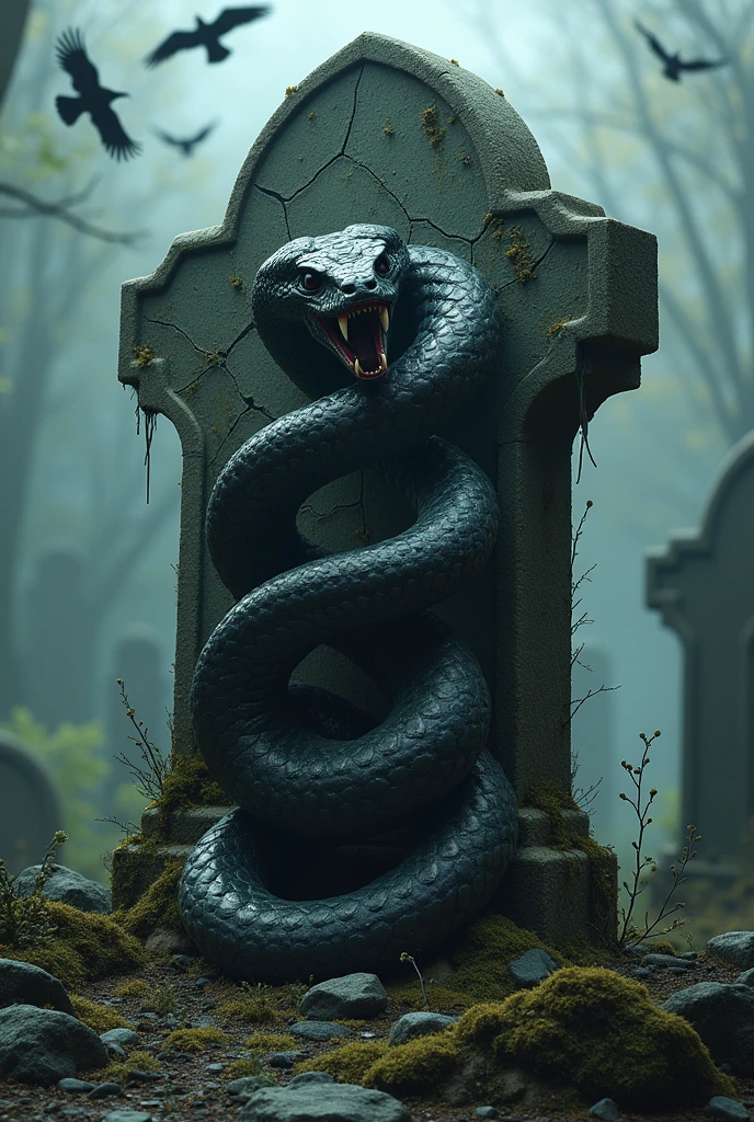 A detailed and dramatic depiction of a cobra snake with its hood expanded, perched menacingly on top of a large pile of human skulls. The setting is dark and eerie, with dim lighting casting shadows across the scene. The overall atmosphere should be ominous and foreboding, emphasizing the danger and deadliness of the snake.