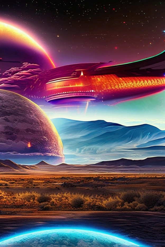 Shiny UFO, intense explosion, spaceship attack, rocky alien landscape, dramatic skies, Neon Lighting, surreal atmosphere, Cinematic scene, Science fiction, desert land, electric sparks.