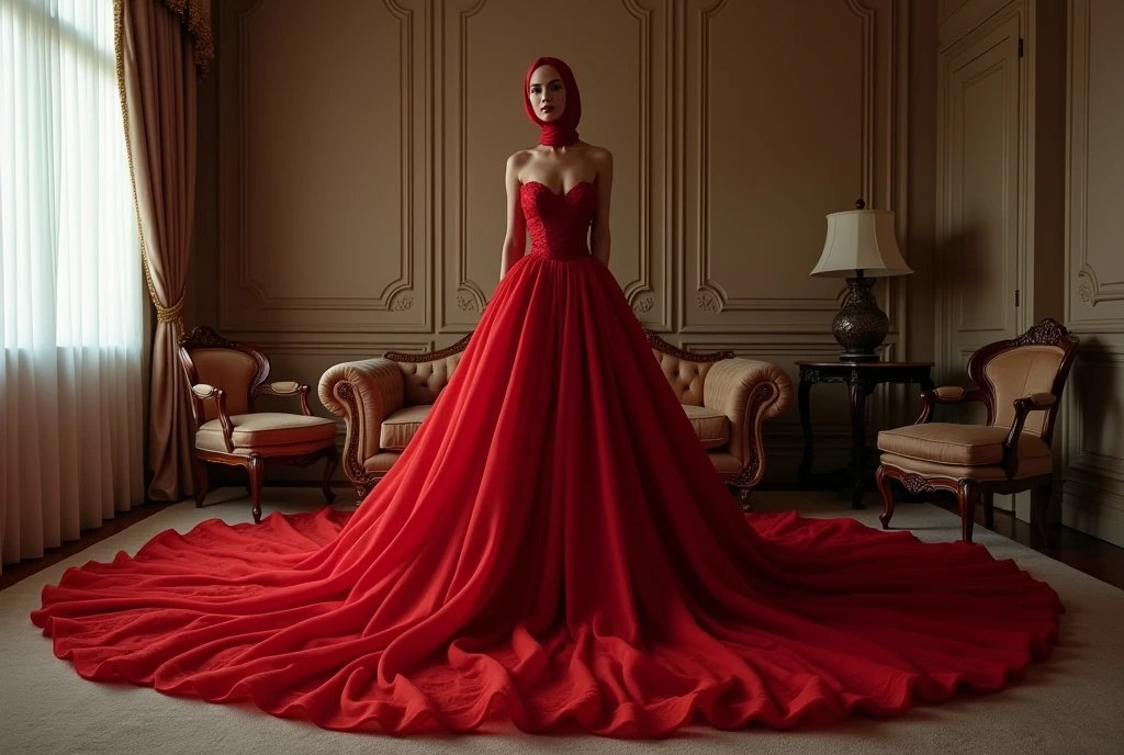 A rusian woman shrouded in a 7-meter-long, plush red satin cloth, tightly bound and grandly draping along the form of her body, flowing off into a pooled floor-length train, styled in a mermaid-inspired outfit, her head modestly veiled in a satin hijab, tall woman, in luxury bed room,satin sheet, a full-body pose conveying a sense of mysterious elegance, captured in a 4k resolution, ultra-realistic