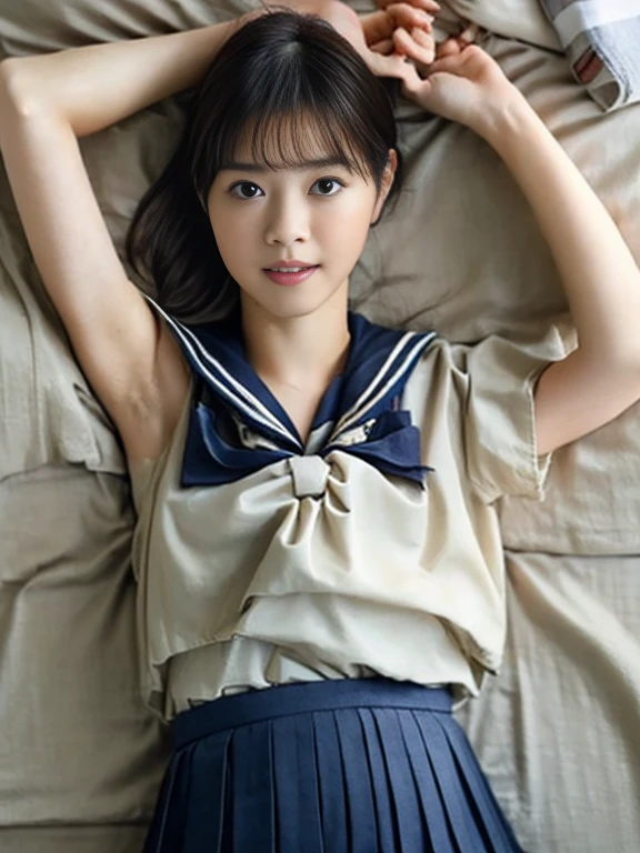 (Masterpiece, Best quality:1.4), (Ultra realistic, Photo-realistic:1.2), (Woman lying down on bed:1.2), (overhead shot:1.2), Natural light, actress, Japanese woman, Neat and clean, (Sailor suit, School, short sleeve suit:1.2), (Dark navy pleated skirt:1.3), (Dark navy ribbon:1.2), White socks, (Short wavy hair:1.2), Ponytail, Ponytail, Light brown hair color, (Beautiful Face), Oval face, clear, Beautiful eyes, Kind eyes, Wet skin, Clear skin, Small face, (Small mouth, Beautiful mouth), Natural makeup, Approachable, Luxury hotel Suite room, (Beautiful thighs:1.2), (Bedroom eyes), open leg,