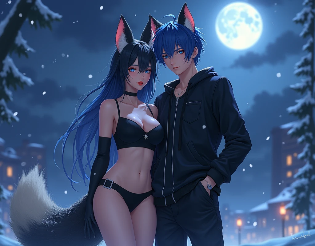 Create a girl with cat ears, dark green hair, blue eyes, light skin, 28 years old, and next to it a 30-year-old man with wolf ears, dark night blue hair, with heterochromia, one gray eye and one red eye, ?????
