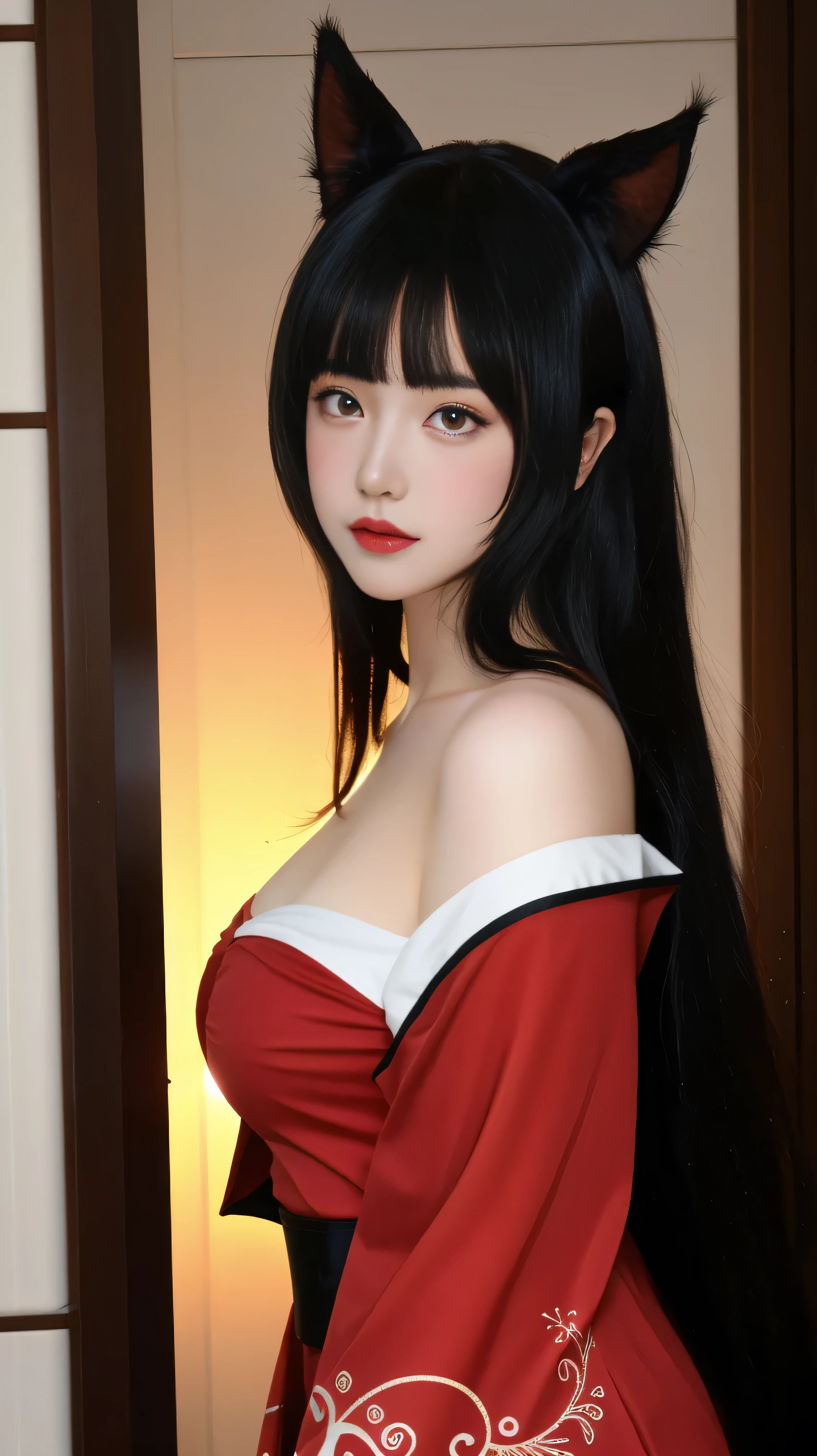 best quality, tmasterpiece,Ultra-high resolution,Clear face,（Reality：1.4），ferpect lighting，(full body:1.3), (photorealistic:1.50), anime wallpaper, Guviz style artwork, cover-up fantasy up to magic , by Yang J, Guviz, beautiful artwork illustration, beautiful digital artwork, beautiful digital illustration, Li Song, beautiful anime portrait, art style in Beauvot, 1girl, solo, animal ears, long hair, black hair, bangs, purple eyes, double eyelids, blush, Red cheeks, kimono, wide sleeves, medium breast, shagging breasts, indoor, room, (standing), (looking at viwer;1.5),