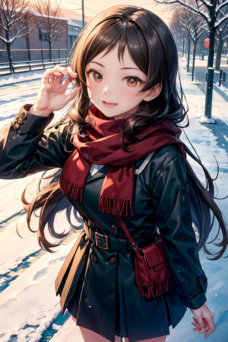 1peopleの女の子, 一peopleで, winter, (whole body、Red Long Scarf, View your viewers, center, Black Hair、school uniform、Smile BREAK Outdoor, hill, street, people々, snow, morning,
Blake's masterpiece, Highest quality,