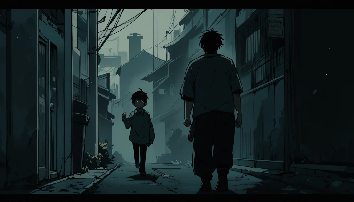 detailed portrait of a young boy on the street begging, another person kicking him from behind, full body shot, highly detailed, cinematic, anime style, dark moody lighting, muted color palette, dramatic shadows, powerful composition.