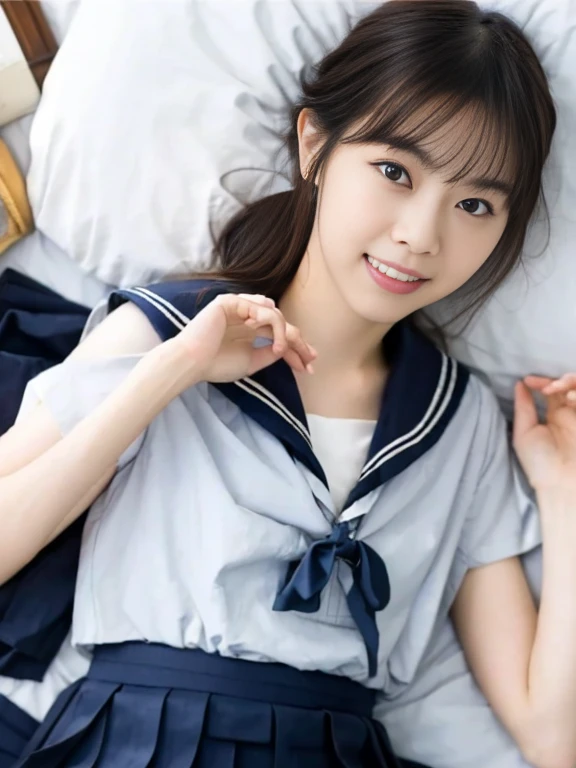 (Masterpiece, Best quality:1.4), (Ultra realistic, Photo-realistic:1.2), (Woman lying down on bed:1.2), (overhead shot:1.2), Natural light, actress, Japanese woman, Neat and clean, (Sailor suit, School, short sleeve suit:1.2), (Dark navy pleated skirt:1.3), (Dark navy ribbon:1.2), White socks, (Short wavy hair:1.2), Ponytail, Ponytail, Light brown hair color, (Beautiful Face), Oval face, clear, Beautiful eyes, Kind eyes, Clear skin, Small face, (Small mouth, Beautiful mouth), Natural makeup, Approachable, Luxury hotel Suite room, (Beautiful thighs:1.2), (Bedroom eyes), open leg,