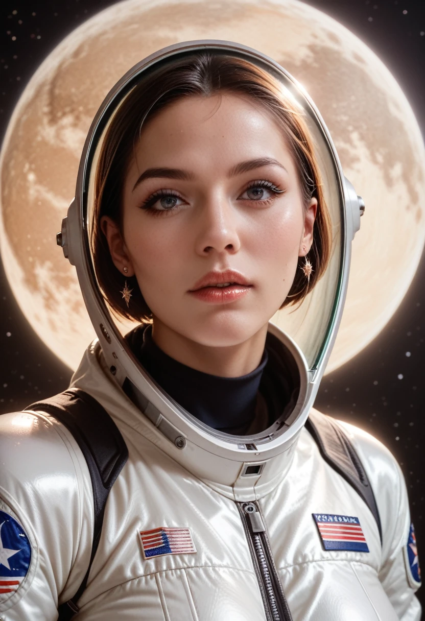 High resolution, highest quality, cinematic lighting, ray tracing, golden ratio, one astronaut (wearing a spacesuit, on a dark and beautiful moon) looking at the sun (beautiful, dazzling) rising beautifully from the top of the Earth.