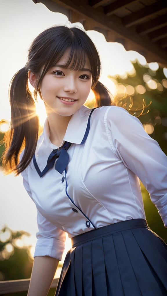 (highest quality,masterpiece:1.3,ultra high resolution),(Super detailed,caustics,8k),(photorealistic:1.4,RAW shooting),1 girl,(smile and look down at the camera),(front shot:1.1),(face forward),1,cute,Japanese,black short ponytail,school uniform,glamorous,(big boobs),( close up),(breast focus),street,sunshine,Natural light,(Backlight),(A bright light shines from behind),(Lens flare),professional writing,(cowboy shot),(low position:1.3),(Low - Angle:1.3)