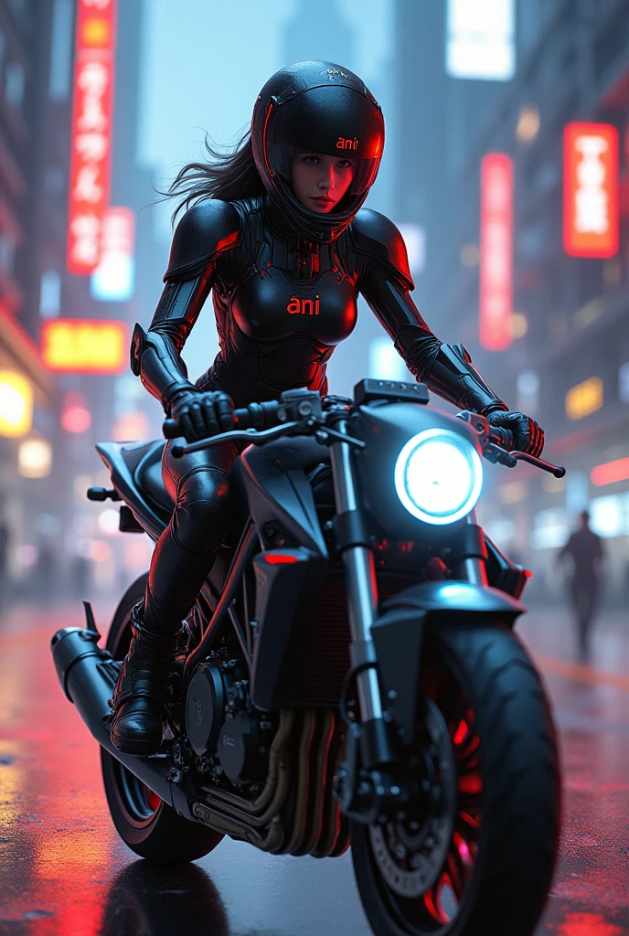 Highest image quality, outstanding details, ultra-high resolution, (realism: 1.8x1.8), the best illustration, favor details, highly condensed 1girl, with a delicate and beautiful face, dressed in a black and red mecha, long hair, holding a gun, riding on a motorcycle, the background is a high-tech lighting scene of the future city with fiery background and a name reading “IVY”