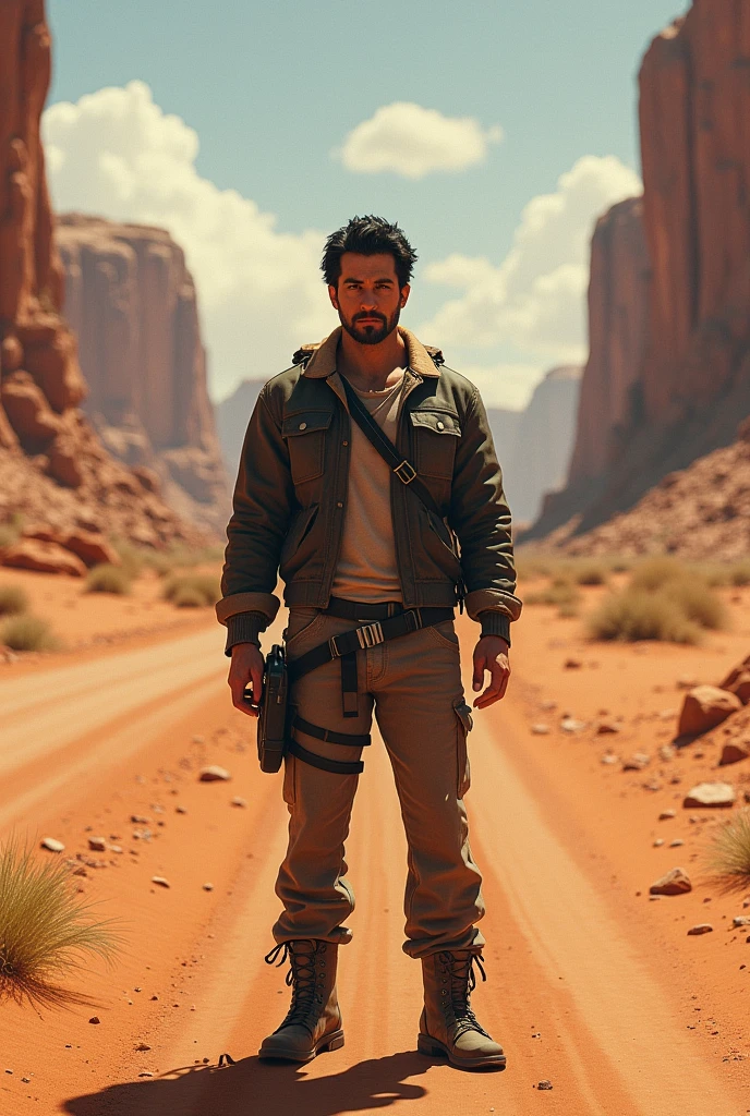 Portrait, medium shot, man in an arid place holding a gun, with ruins and fire, in his background, hyperdetailed, 8k, cinematic, epic