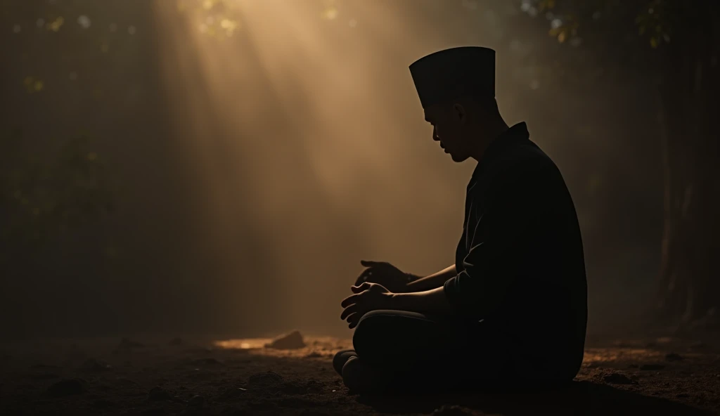 (photorealism:1.2), silhouette image, a man,wearing a traditional black cap typical of Indonesia, sit down, on the floor,is talking, picture at the left end of the frame, light blue background
