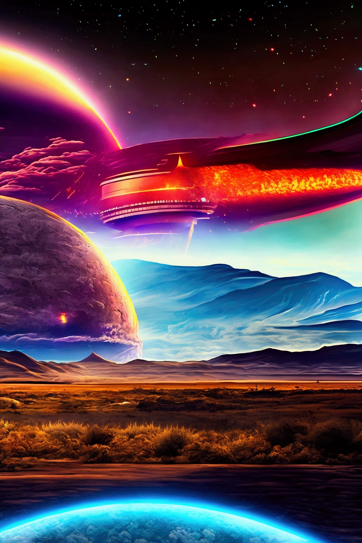 Shiny UFO, intense explosion, spaceship attack, rocky alien landscape, dramatic skies, Neon Lighting, surreal atmosphere, Cinematic scene, Science fiction, desert land, electric sparks.