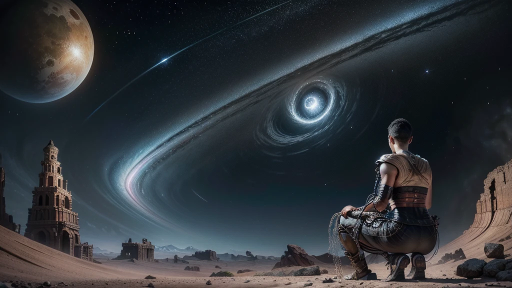 Create a scene with a colorful muscular figure crouched with a magnifying glass, examining a cosmic vortex in the background. The scene is filled with swirling cosmic elements, intricate patterns, celestial bodies, and ancient monuments. The background should include a spiral path leading to the vortex, with elements such as floating planets, ancient ruins, and mystical symbols. The overall style should be inspired by woodcut or linocut techniques, with an emphasis on intricate lines, sinuous lines and repeating patterns, contrast, and a mystical atmosphere. Render an image in a digital context with vibrant colors, ultra-detail, high resolution, and HDR effects. 