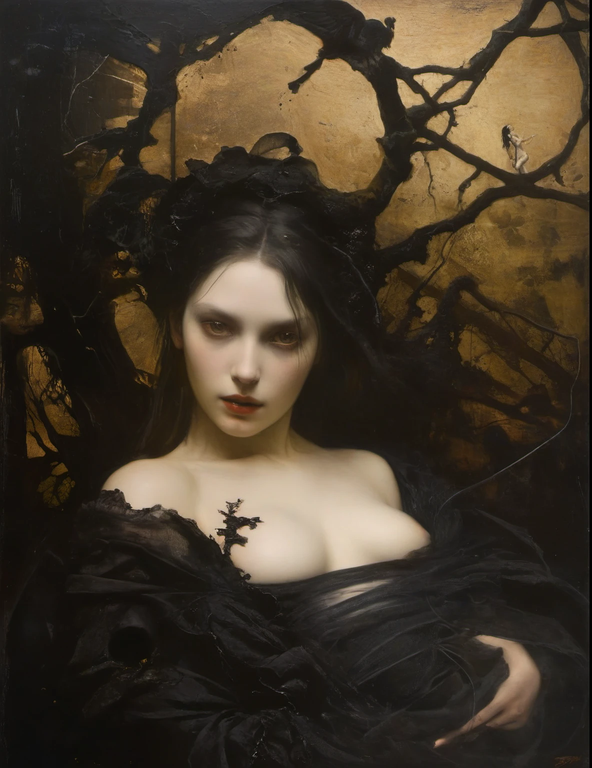 James Gurney, Surrealist art , dream-like, mysterious, Provocative, symbolic, Complex, detailed,, (Gothic but very beautiful:1.4), (masterpiece, Highest quality:1.4) , Nicola Samori Style, Adam and Eve